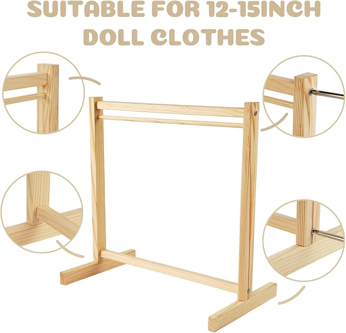 BABESIDE 10 Pcs Doll Garment Rack with Wooden Baby Doll Hangers, Doll Accessories for 18 Inch Doll Girl, 18 InchDoll Girl Clothes Storage Furniture