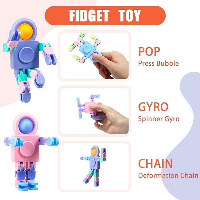 Hanaive 48 Pcs Robot Fidget Spinners for Kids Transformable Fingertip Gyro Chain Toy Deformable DIY Stress Relief Fidget Sensory Toys Adults Piñata Goodie Bag Stuffers Valentine Party Favors Gift