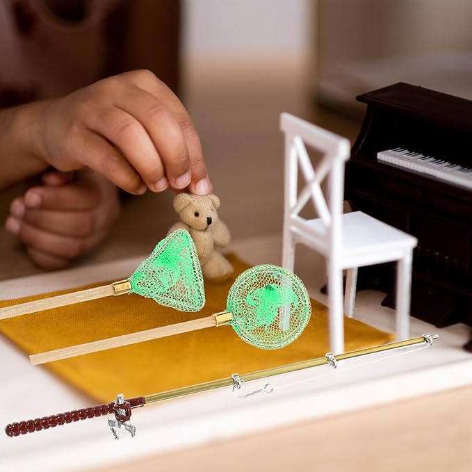 Toddmomy Miniature Fishing Rod and Net Small Decorative Dollhouse Fishing Pole Models for Fairy Garden Living and Bedroom Scene Accessories