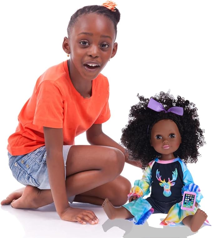 iBayda 14.5 Inch African-American Silicone Baby Doll - Realistic Black Girl Doll with 2 Outfits, Shoes, Backpack, Camera, Glasses & Phone Accessories (Washable)