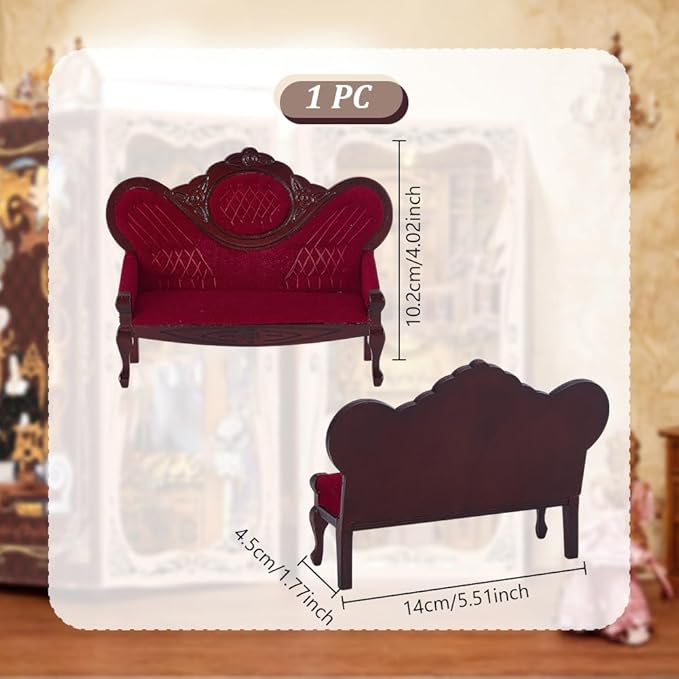 AHANDMAKER Dollhouse Furniture Miniature Accessories, 1/12 Scale Mini House Vintage Red Wooden Carved Sofa Bench Armchairs for Dollhouse Living Room Scene Simulation Craft Decoration Party