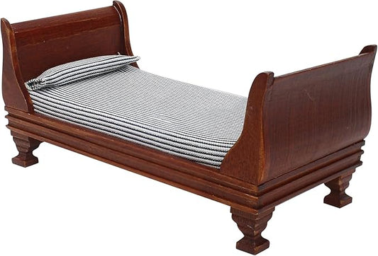1:12 Scale Doll House Miniature Single Bed with Bedding Fabric & Pillow, Wooden Vintage Victorian European Style Bedroom Furniture Decor Christmas Accessories, Mini Sleigh Bed for 6 Inch Dolls