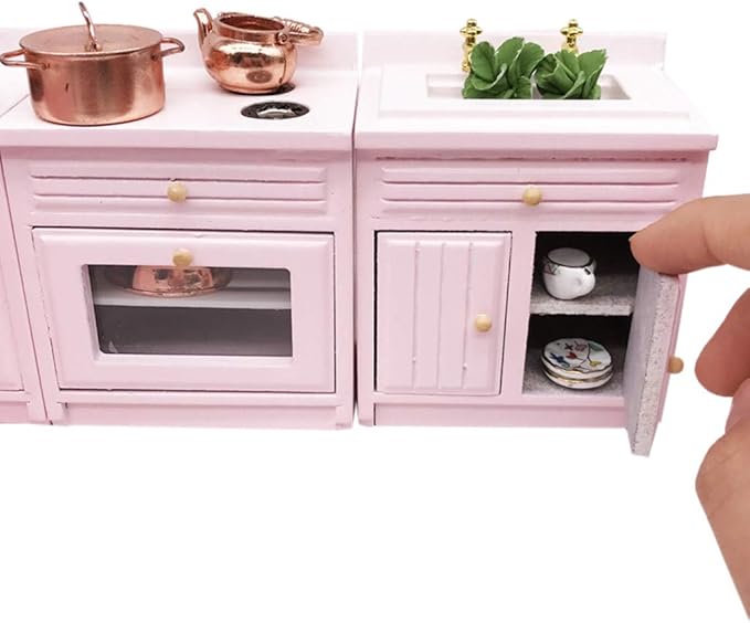 Dollhouse Decoration Accessories,1:12 Dollhouse Miniature Furniture Wooden Kitchen Cabinet Set Freely Combined (Pink)