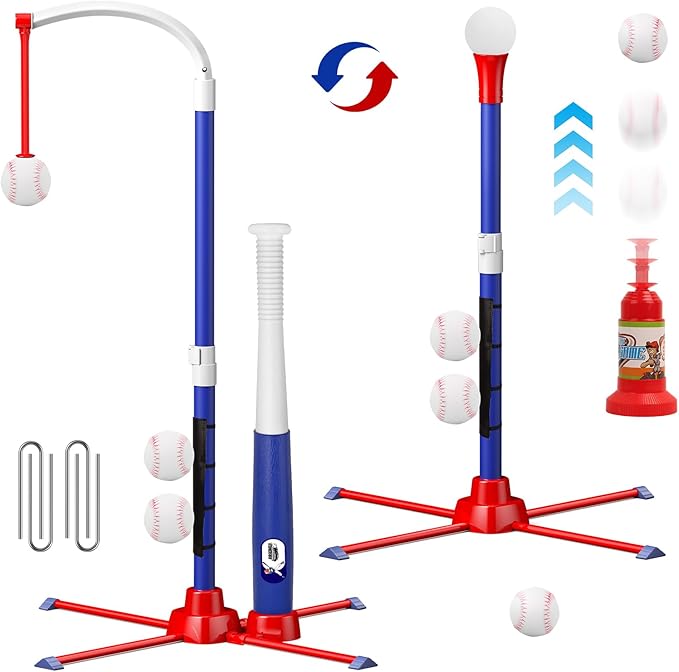 3-in-1 T Ball Set for Kids 3-5, Adjustable Baseball Tee with Auto Ball Launcher, Hanging Stand & 4 Balls, Indoor/Outdoor Sports Toys Gifts for Boys Girls Ages 5-8