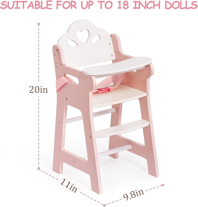 ROBUD Baby Doll High Chair, Pretend Play High Chair with Seat Belt, Pink Wooden Baby Doll Accessories with Movable Tabletop, Fits 18-20 Inch Dolls