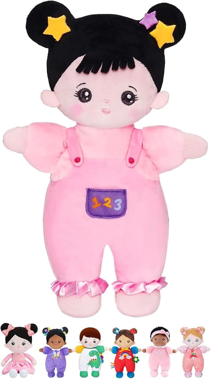 OUOZZZ Soft Baby Doll 10" - Asian Doll First Birthday Toys for 1 Year Old Girl, Ideal 1 Year Old Girl Gifts & Baby Girl Gifts, Snuggle Buddy for Infants Pink Straps Black Hair