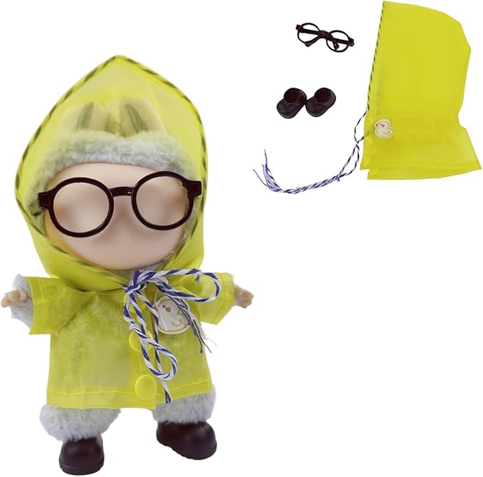 17cm Doll Clothes Set, Stylish Yellow Raincoat Doll Outfits with Black Shoes, Black Glasses (No Dolls)
