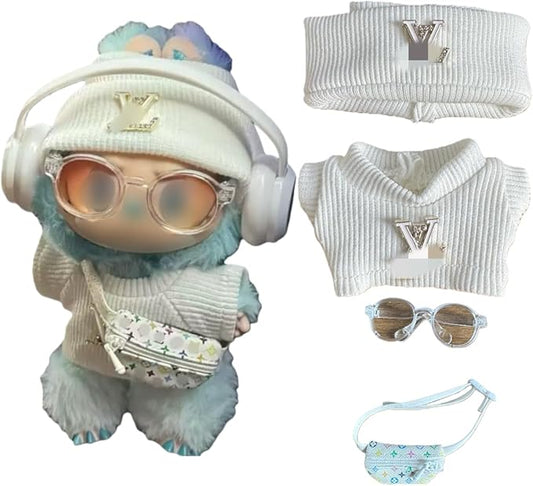 17cm Doll Clothes for lububu ，Designer Clothes Suitable for lububu Dolls Outfits and Accessories Set，Including top +Hat+Glass+Bag - 4PCS，Doll and Headphones not Included(White)
