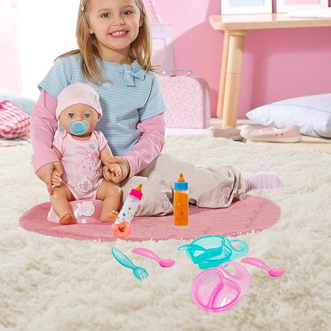 Baby Doll Accessories Magic Bottle set Magic Disappearing Milk Juice Bottles Sippy Cups with Pacifiers Bowl Spoons, Doll Bottle Toys Feeding Pretend Playset for Kids Girls Ages 3+ (Middle set(12pcs))