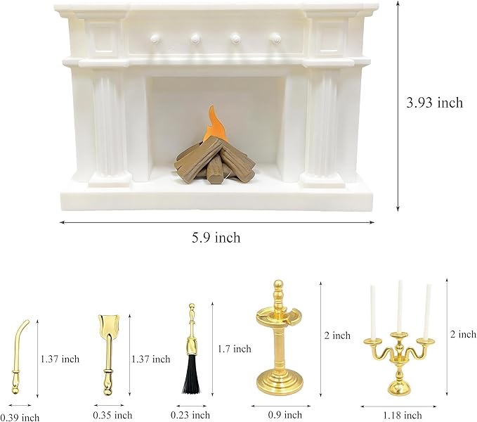 1:12 Scale Miniature Dollhouse Fireplace Set with Animated LED Fire Light, 3-Arm Candelabra & Tools – Realistic Decorative Fireplace for Dollhouse Lovers
