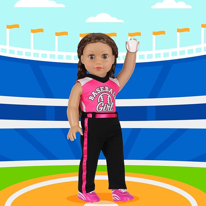 K.T. Fancy Baseball Uniform Doll Outfit-American 18 Inch Doll Clothes and Accessories Set Including Hat, Pink Baseball Jacket, Baseball, Water Bottle, Socks and Trainers, Gifts Set for Girls&Boys