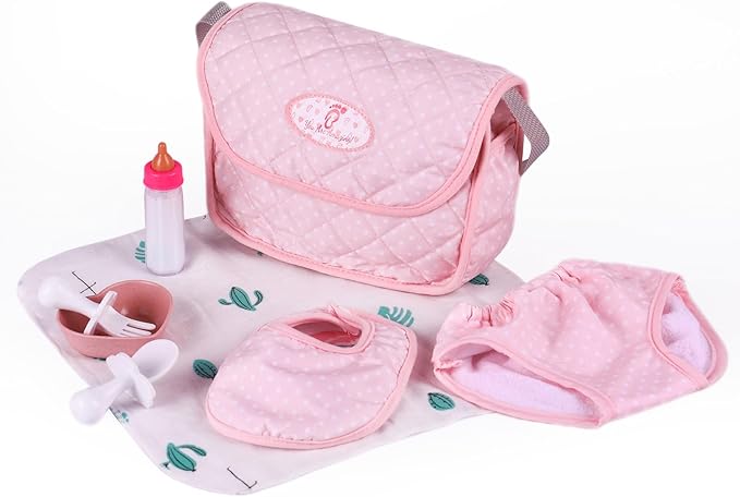 BABESIDE 8 Pcs Baby Doll Diaper Bag Set for 17-22 inch Dolls, Baby Doll Feeding Accessories with Disappearing Milk Toy Bottle and Spoon Fork Bowl for Pretend Play Toys, Pink