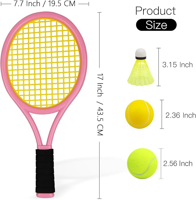 Kids Tennis Racket,17 Inch Plastic Tennis Racket with 2 Soft Balls,2 Tennis Balls and 4 Shuttlecocks for Kid,Toddler Outdoor/Indoor Sport Play