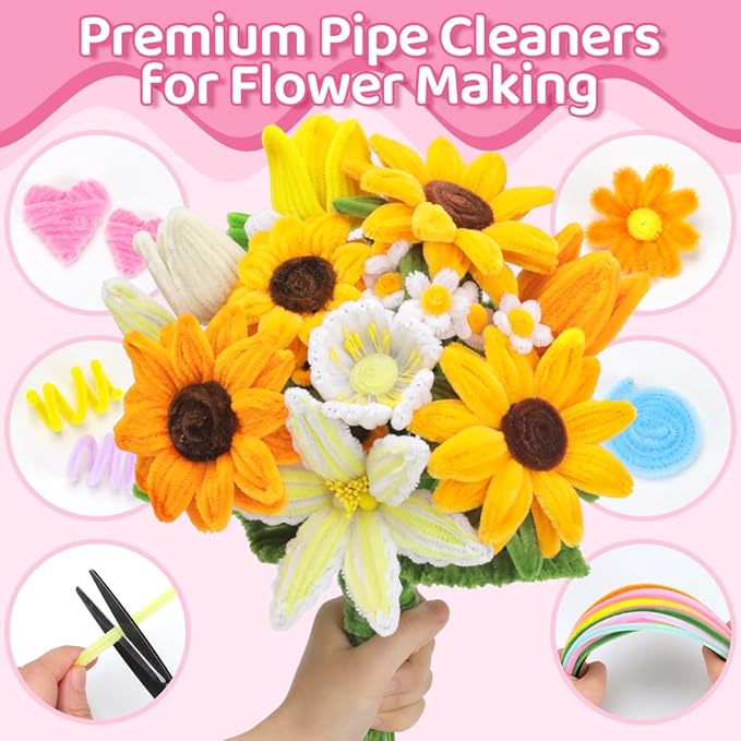 Praisebank Yellow Pipe Cleaners for Crafts (400pcs with Instruction), Flower Making Kit, Chenille Stems for DIY Projecets, Arts & Crafts Supplies for Festival Party Decorations