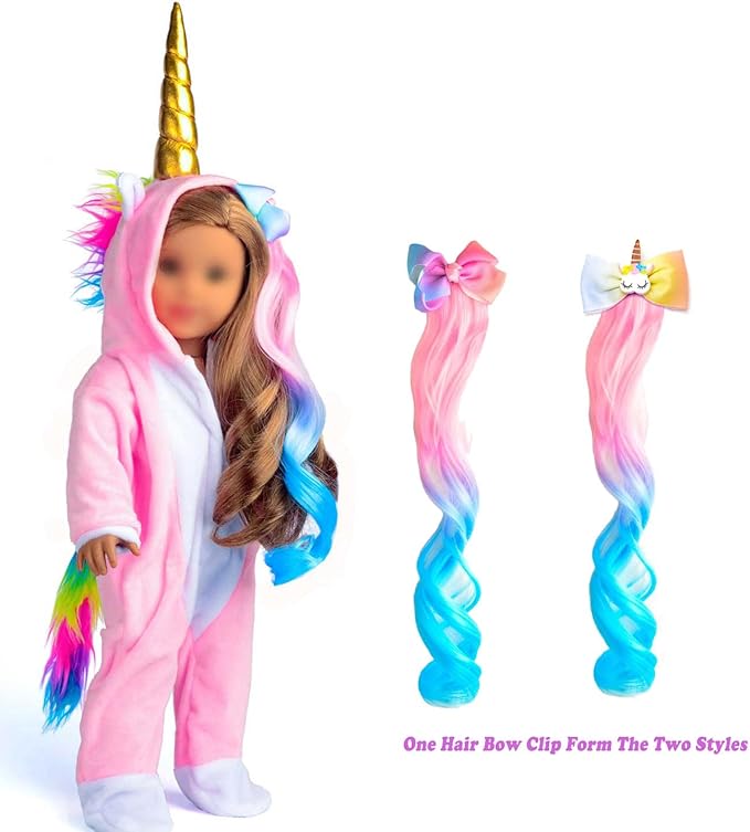 18 Inch Doll Clothes Unicorn Onesie Pajamas Rainbow Color Hair Bow Clips Costume Fits 18 Inch Doll (Doll Not Included)