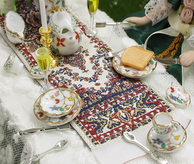 iLAND Dollhouse Accessories and Furniture Set, Tableware Set Dollhouse Dishes Mini Tea Cups Miniature Tea Sets Porcelain 1/12 Scale Accessories (Gorgeous)