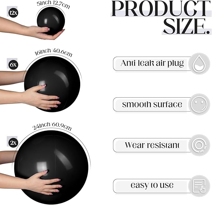 Sratte 20 Pcs Inflatable Beach Balls Bulk, Multiple Sizes Summer Swimming Pool Balls for Adults Hawaii Luau Party Supplies(Black,Classic)