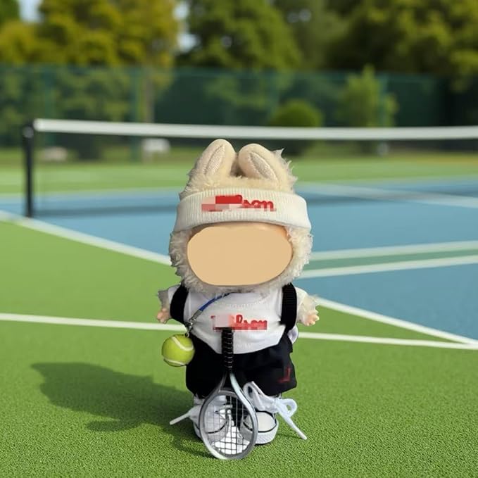 17 cm Doll Tennis Clothes Outfit，Clothing Accessories for Lububu Dolls，Sports Style Doll Set Outfits (7-Piece Set), Includes Top+Pants+Tennis Racket+Ball Charm+Shoes+Bag+Headband(RED+Black+White)