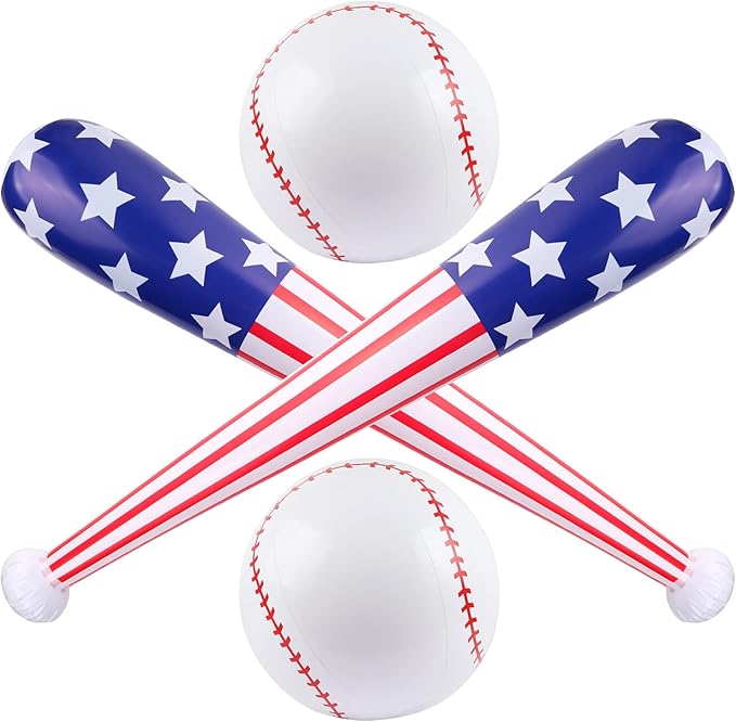 4 Pcs American Flag Inflatable Baseball and Baseball Bat,Blow Up Baseball Bat Beach Ball,Sports Theme Baseball Party Favors for Kids Adult Pool Beach,Sports Game Birthday Carnival Decor Photo Props