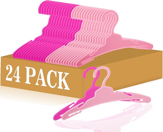 24 Pcs Doll Clothes Hangers for 18-Inch Dolls - Non-Slip, Space-Saving Wardrobe Accessories for Doll Gowns & Outfits (Pink&Rose red)