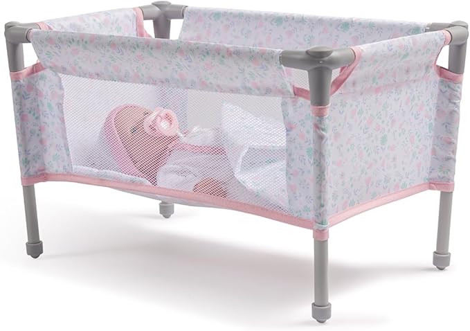 JC Toys - Berenguer Boutique | Travel Folding Crib - Playpen with Accessories | Pink Floral Collection | for Dolls up to 18" | Ages 3+