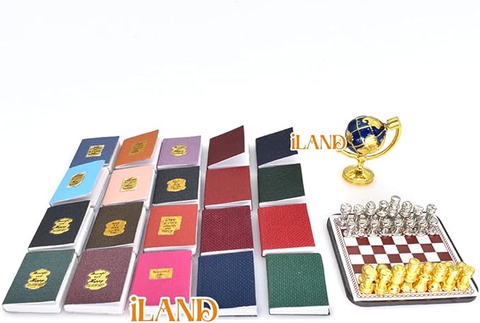 iLAND Miniature Dollhouse Accessories for Dollhouse Furniture, Mini Book Globe Chess Set for Dollhouse Study Room (Classic 22pcs)