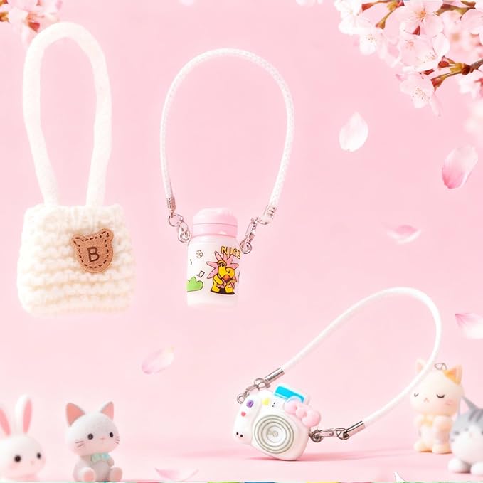 3pcs Doll Accessories Set Included White Knitted Bag, Purple Camera Charm & White Water Charm Dress Up Accessories for 17cm Doll, Mini Costume Supplies