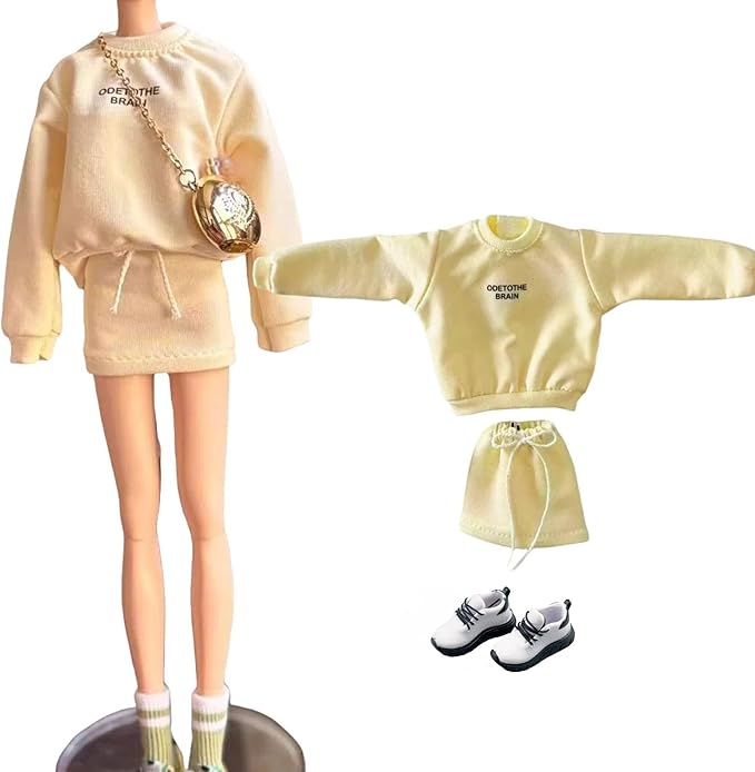 3-Piece Fashion Doll Outfit Set, Sweater with Short Skirt and Shoes, 11.5 inch Doll or BJD (Egg Yellow)