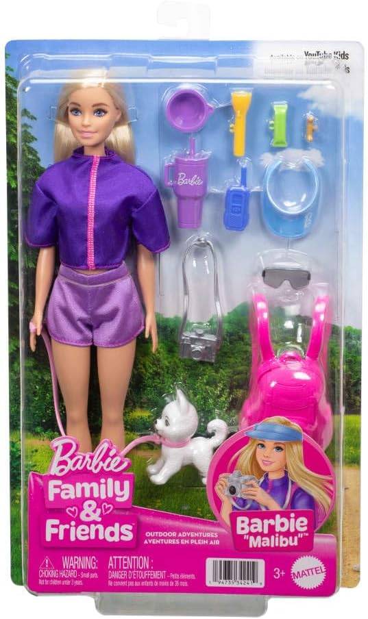 Barbie “Malibu” Outdoor Adventures Fashion Doll Wearing Adventure Outfit, with 10+ Camping-Themed Accessories Including Pet Puppy