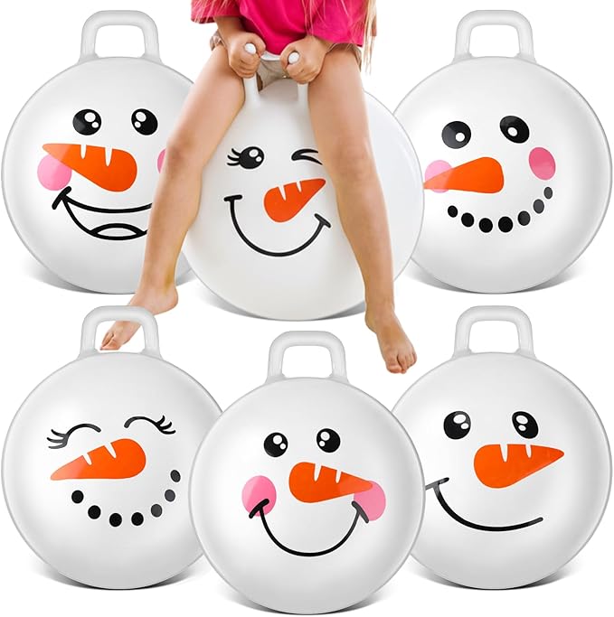 Sratte 6pcs 18 Inch Bouncy Hopper Ball with Handle Snowman Face White Christmas Bouncing Balls Hopping Toys Inflatable Jumping Toy for Sport Boys Girls Gifts Winter Party Favors