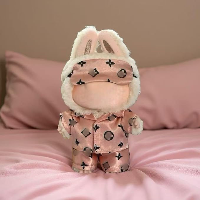 17cm Doll Clothes for lububu ，Designer Pajamas Clothes Suitable for lububu Dolls Outfits and Accessories Set，Including top +Pant+Eye mask - 3PCS Classic Set，Doll not Included(PINK2)