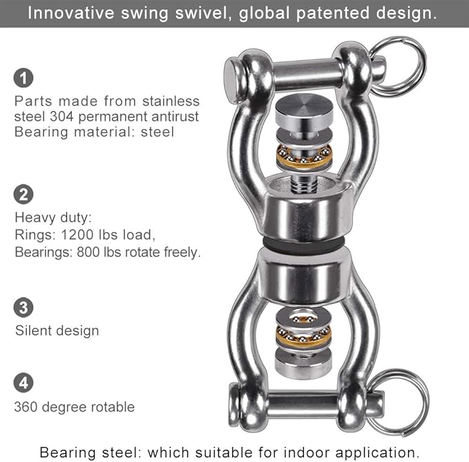 SELEWARE Silent Bearing Swing Swivel, 360° Rotational Device Hanging Accessory with Removeable Buckle for Tree Swing, Hammock Chair, Climbing Rope, Yoga, Kids Swing Swivel 1201LB Capacity