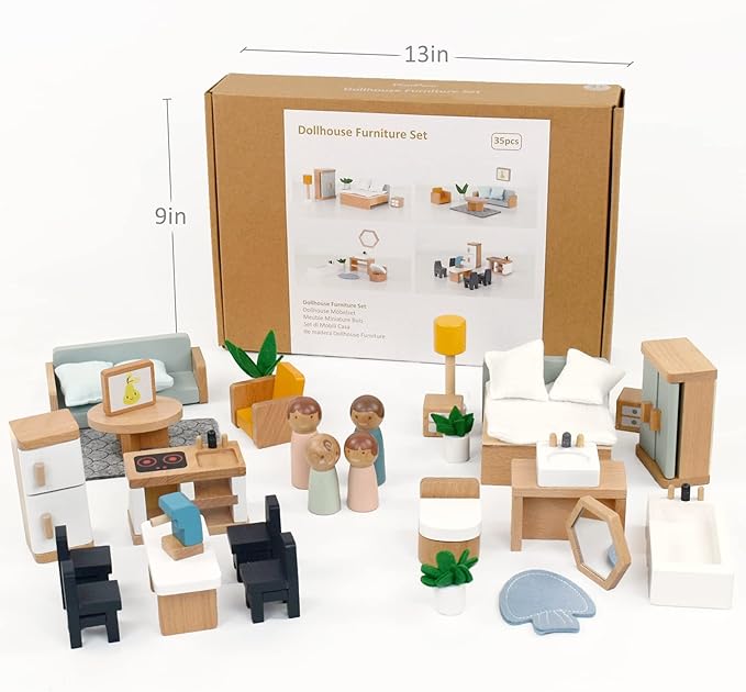 PairPear Wooden Toys Dollhouse Furniture Playset,Natural Wood Pretend Play Furnitures with Family Dolls,Dollhouse Accessories Toys Gift for Girls and Boys 3 Year and Up