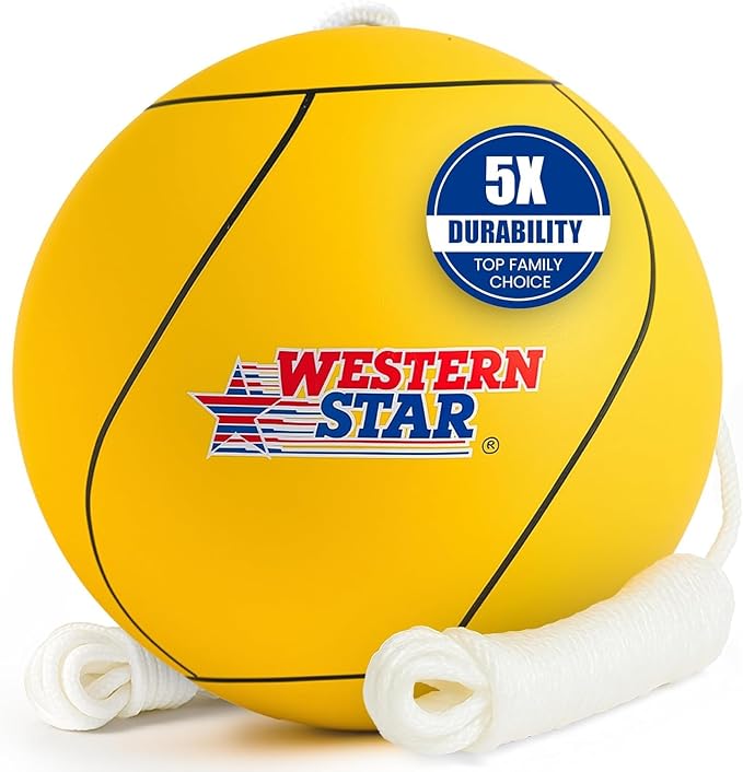 Western Star Tetherball Game Set - Soft-Touch Tether Ball with 2 Reinforced Attached Ropes - Outdoor - 4 Colors - Classic Family Game