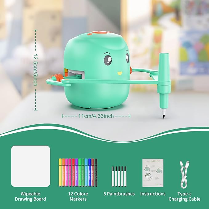 Interactive Educational Drawing Robot for Kids - Montessori Learning Toy with 150 Word Cards, Voice Interaction, Ages 5+ (Green)