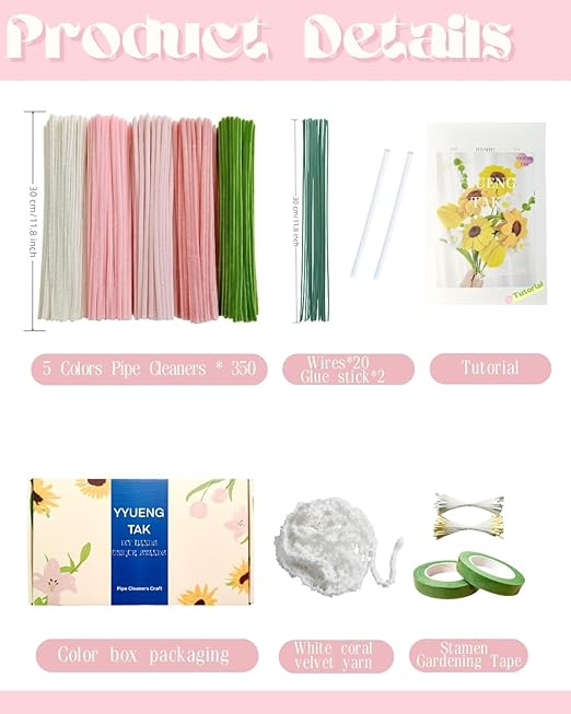 YYUENGTAK 350 Pcs Pink Pipe Cleaners Flower kit with tutoria,Fluffy Yarn,Green Floral Wires,Gardening Tape,Stamen(2 Colors)，Pipe Cleaners Craft,Chenille Stems for DIY Art Projects Creative Gift Decor