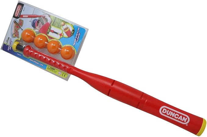 Duncan Toys Pop ‘N Hit Practice Bat – Self-Pitching Ball Launching Training Toy, 28” Plastic Baseball Bat, Red