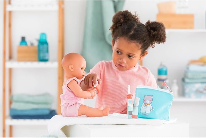 Corolle Baby Doll Care Pouch and Accessories Set - Includes Storage Bag, Drinking Cup, Pretend Electric Toothbrush, Toothpaste and Pump Bottle, for use with12, 14" and 17" Dolls (141310)