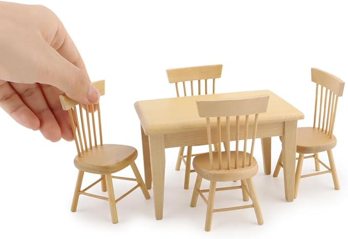 Miniature Dining Table & Chair Set for Dollhouse 1 12 Scale Wooden Furniture Model 5pcs House Mini Decoration Accessories DIY Hobby Gift (Wood)