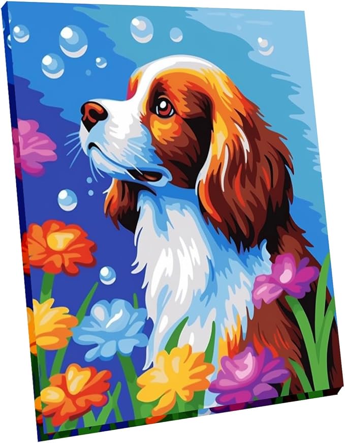 Wooden Framed Paint by Numbers DIY Acrylic Painting Kit for Kids & Adults Beginner – 16" Wx12 L Colorful Cute Dog Pattern