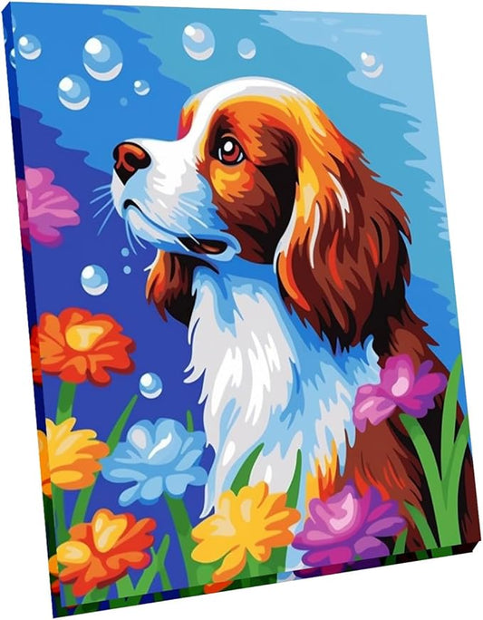 Wooden Framed Paint by Numbers DIY Acrylic Painting Kit for Kids & Adults Beginner – 16" Wx12 L Colorful Cute Dog Pattern