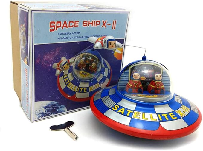 Charmgle Small Spaceship Toy Classic Tin Toy Wind-Up Toy, Spacecraft Playthings Adult Collection Toy Novelty Xmas Gift Bar Home Decor