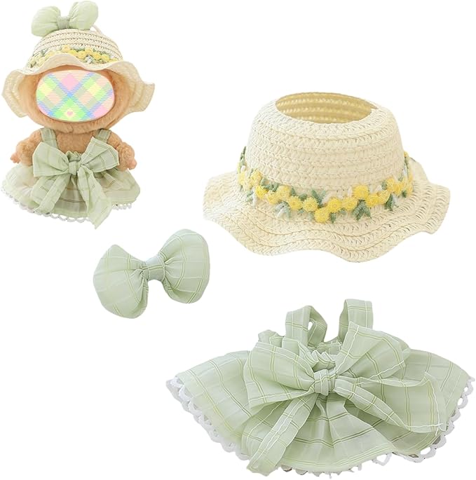 Clothes for Lu bubu 17cm Dolls Accessories (No Doll), Kawaii Hat Skirt Outfit Set 3 Pieces for 17cm Dolls Suit, Stylish Flower Doll Hat Clothing Set Replacement Green