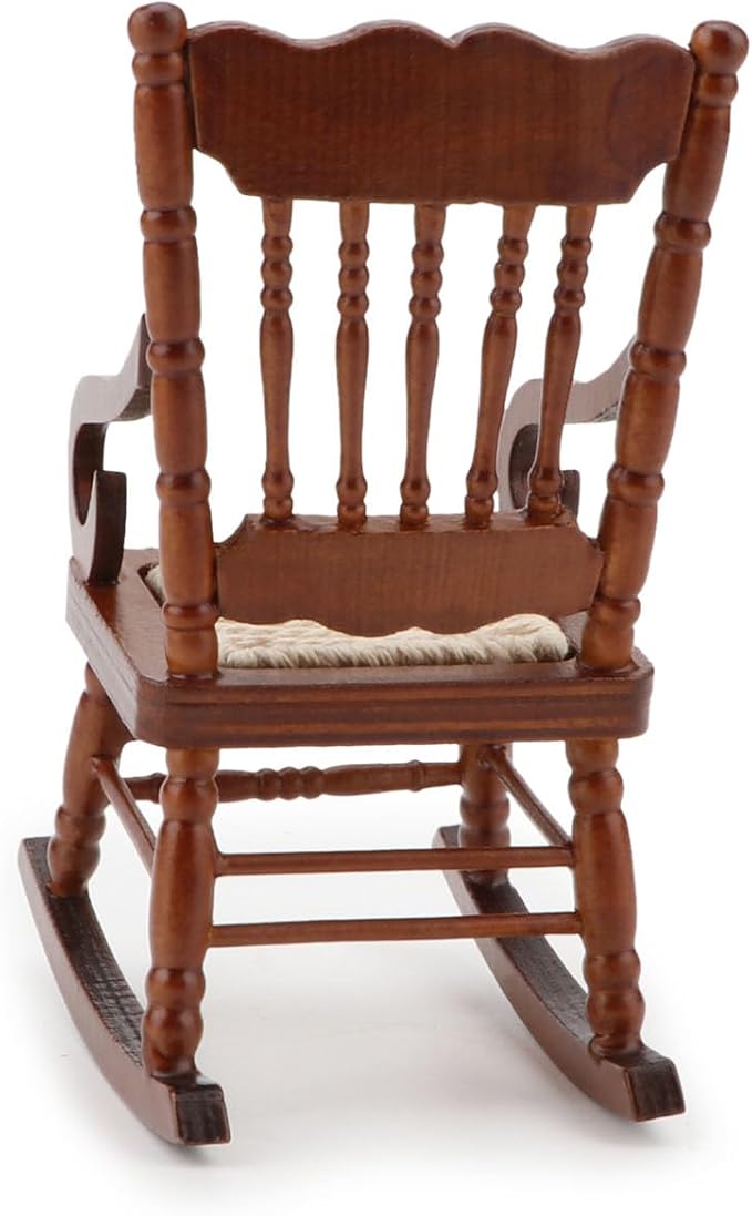 Dollhouse Miniature Rocking Chair 1:12 Scale Wooden Furniture Accessories Tiny Mini House Home Outdoor Decoration Model Living Room Scene Christmas Craft Displays (Brown)