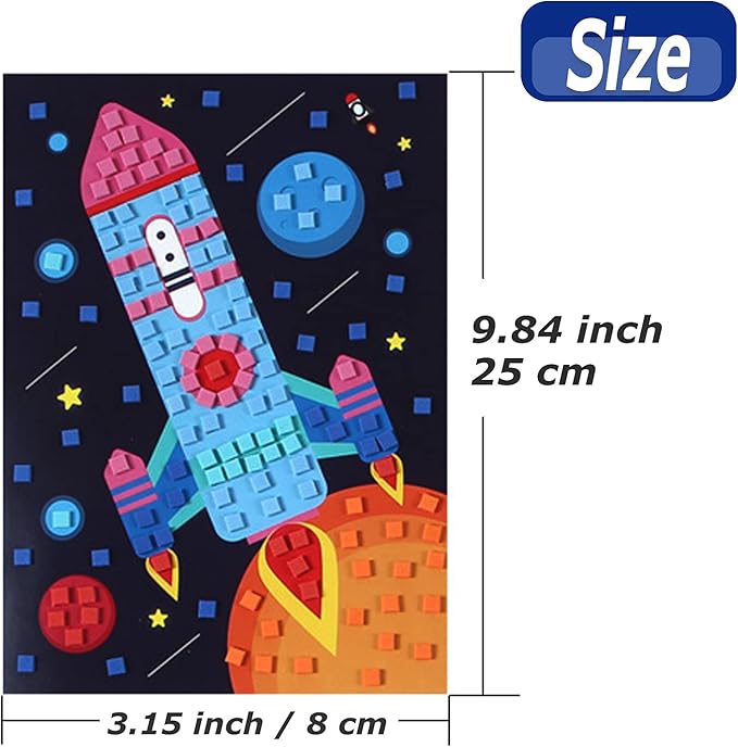 LZHZH Mosaic Sticker Art for Kids - 6 Pack Space Adventure DIY Craft Kits with Astronaut, Rocket, Space Station, Alien, Spacecraft, Robot, Easy Peel Stickers for Ages 3-8