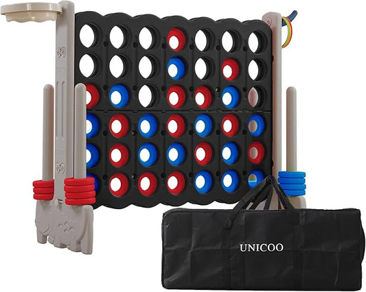 UNICOO Giant 4-in-a-Row Game with Carry Bag, 3-in-1 Jumbo 4-to-Score Outdoor Yard Game with Basketball Hoop, Ring Toss, Quick-Release Slider, 42 Rings, Family Party Game for Kids & Adults