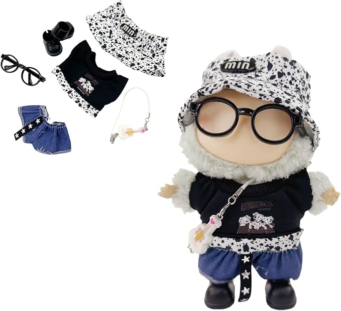 Stylish 17cm Doll Clothes(NO Dolls), Cute Doll Outfits with Hat + Top + Pants + Glasses + Shoes, Adorable Dolls Clothes Accessories for Dress Up