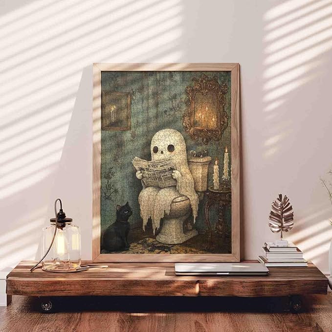 1000 Piece Ghost Halloween Jigsaw Puzzle for Adult,Candle Toilet Little Devil and Newspaper Brain Challenge Educational Game Relaxation Entertainment Activity Decorative Puzzle