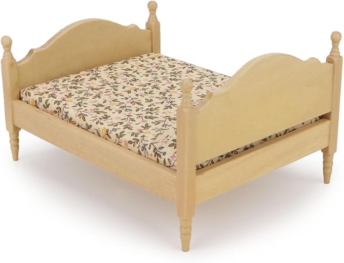 Miniature Furniture Dollhouse Wooden Fabric Bed with Mattress & Pillow 1 12 Scale Furniture Dollhouse Decoration Accessories (Wood)