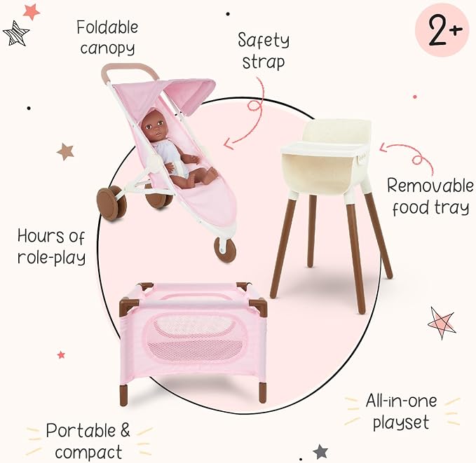 LullaBaby – 14-Inch Realistic Baby Doll Accessory Bundle – Nursery Care Set – High Chair, Playpen & Jogger Stroller – Pretend Play Toys – Kids 2+ Years– Baby Doll Nursery Playset